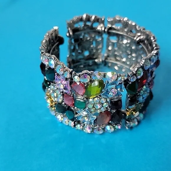 Cocktail Colorful Multi-Color Embellished Floral Rhinestone Stretchable Bangle - Picture 3 of 11